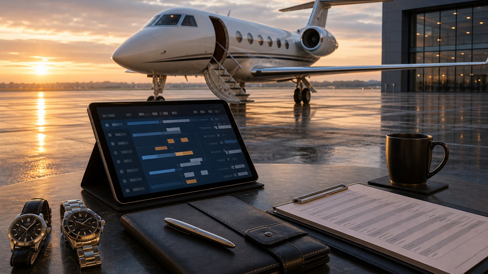 Private jet customs clearance planning with passports manifest tablet and aircraft outside