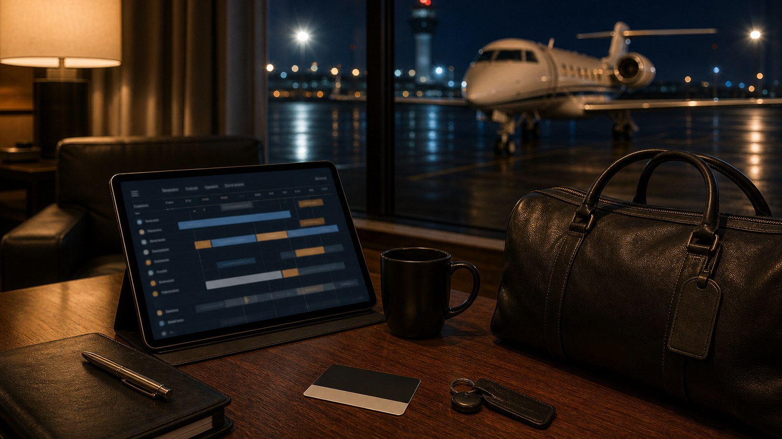 Private jet international customs planning with route tablet passport wallet and terminal ramp