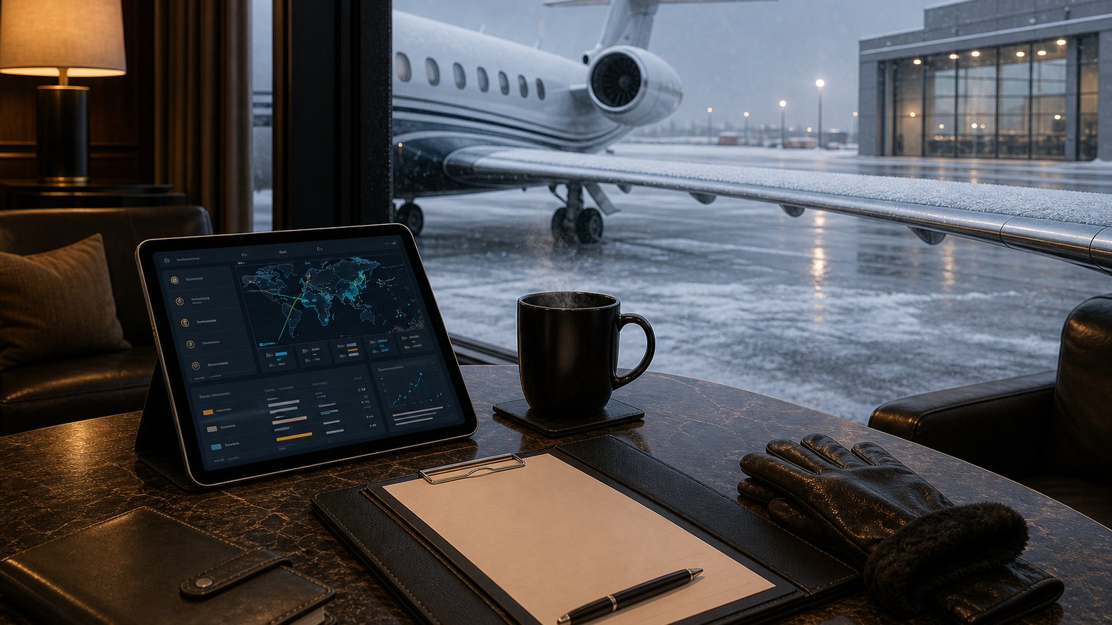Private jet customs document planning with passports globe manifest tablet and aircraft outside