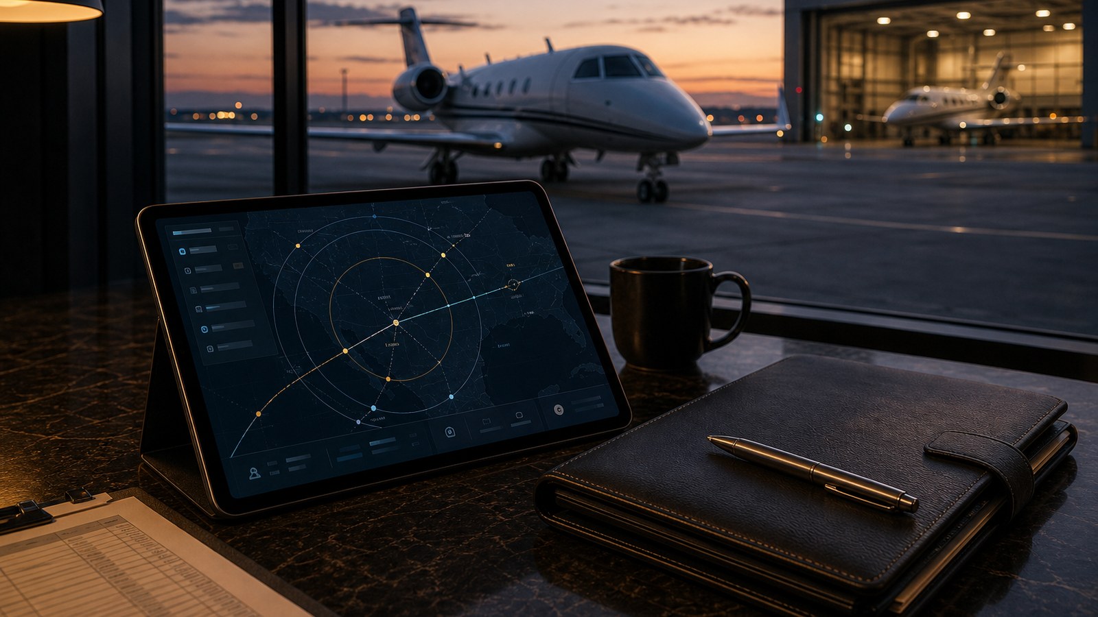 Private jet customs clearance schedule planning in international private terminal lounge