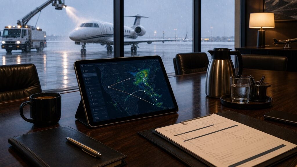 Private jet winter deicing on snowy ramp with quote planning folder inside FBO