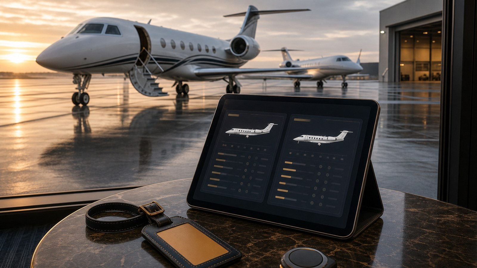 Private jet wing frost and deicing fee planning tablet in an executive lounge