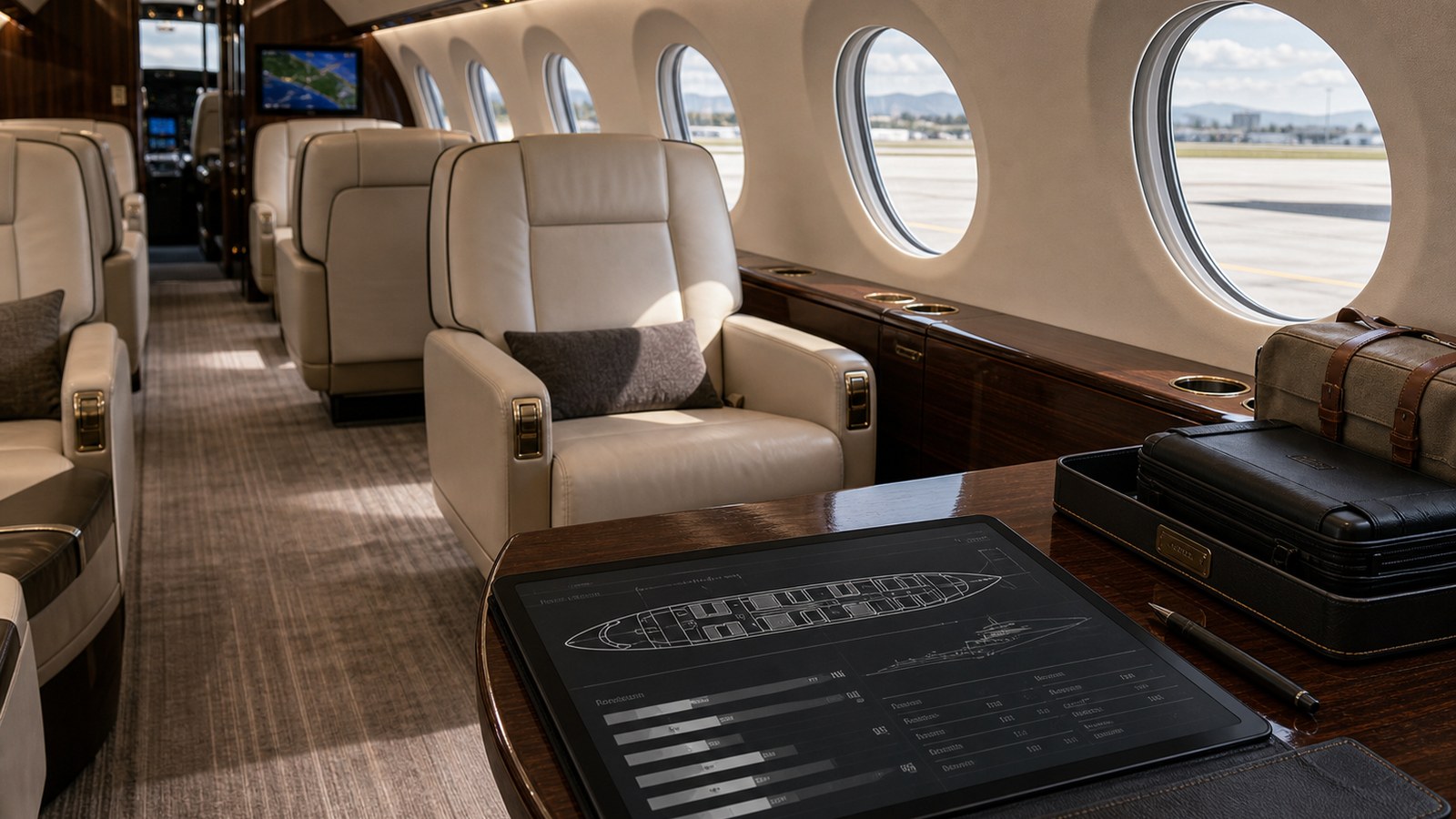 Private jet deicing cost planning with snowy ramp weather tablet and blank invoice