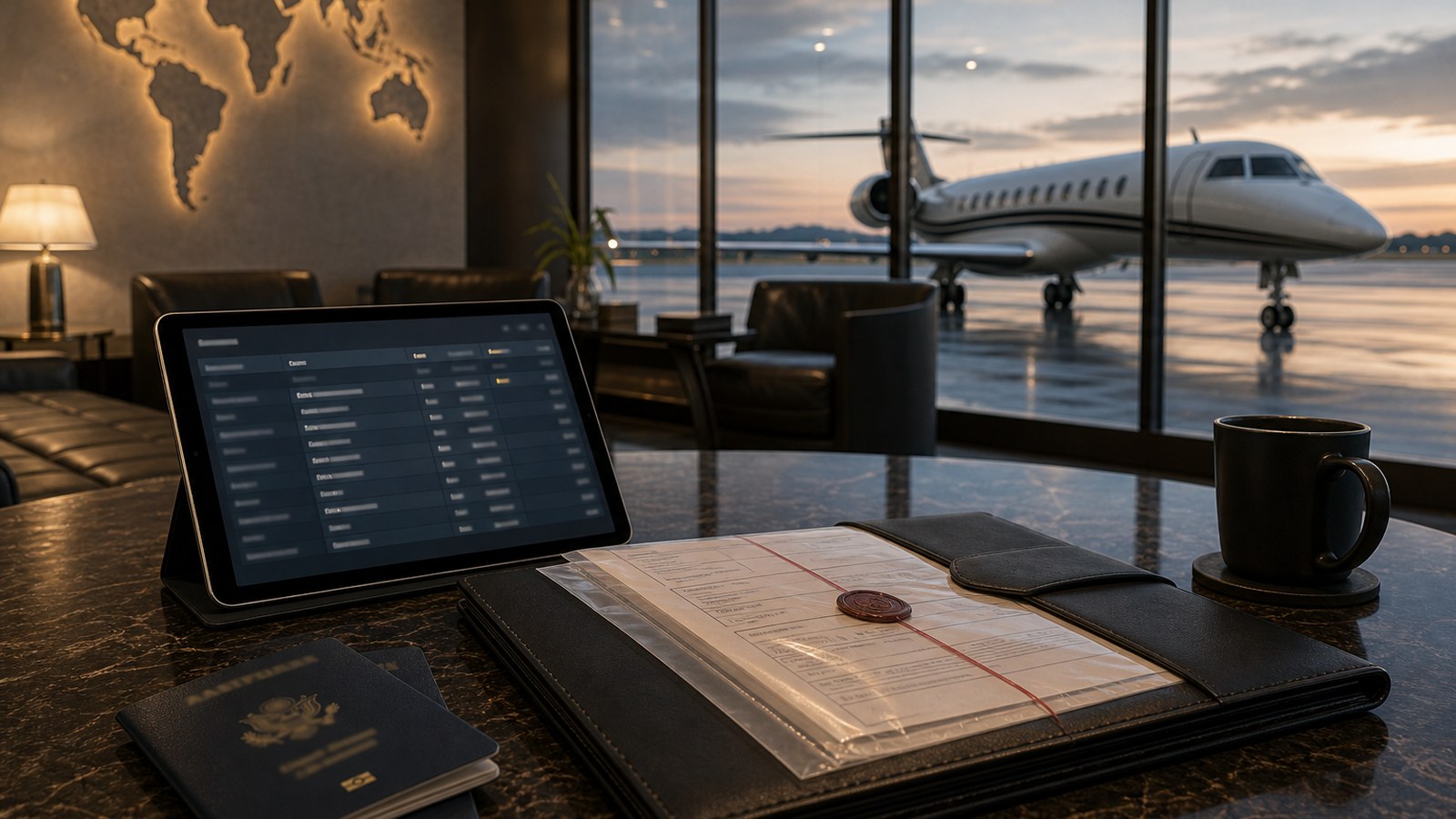 Private jet winter quote planning with snowy ramp weather blocks and approval folder