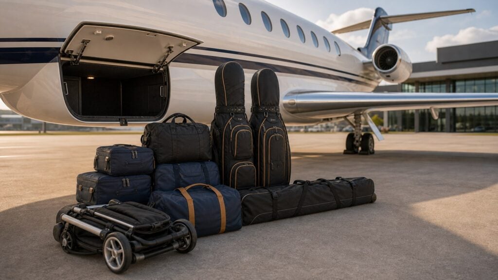 Private jet baggage door with golf bags skis stroller and soft luggage staged for charter planning