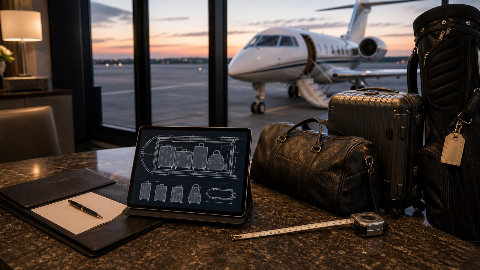 Private aviation baggage planning table with luggage dimensions and aircraft fit notes