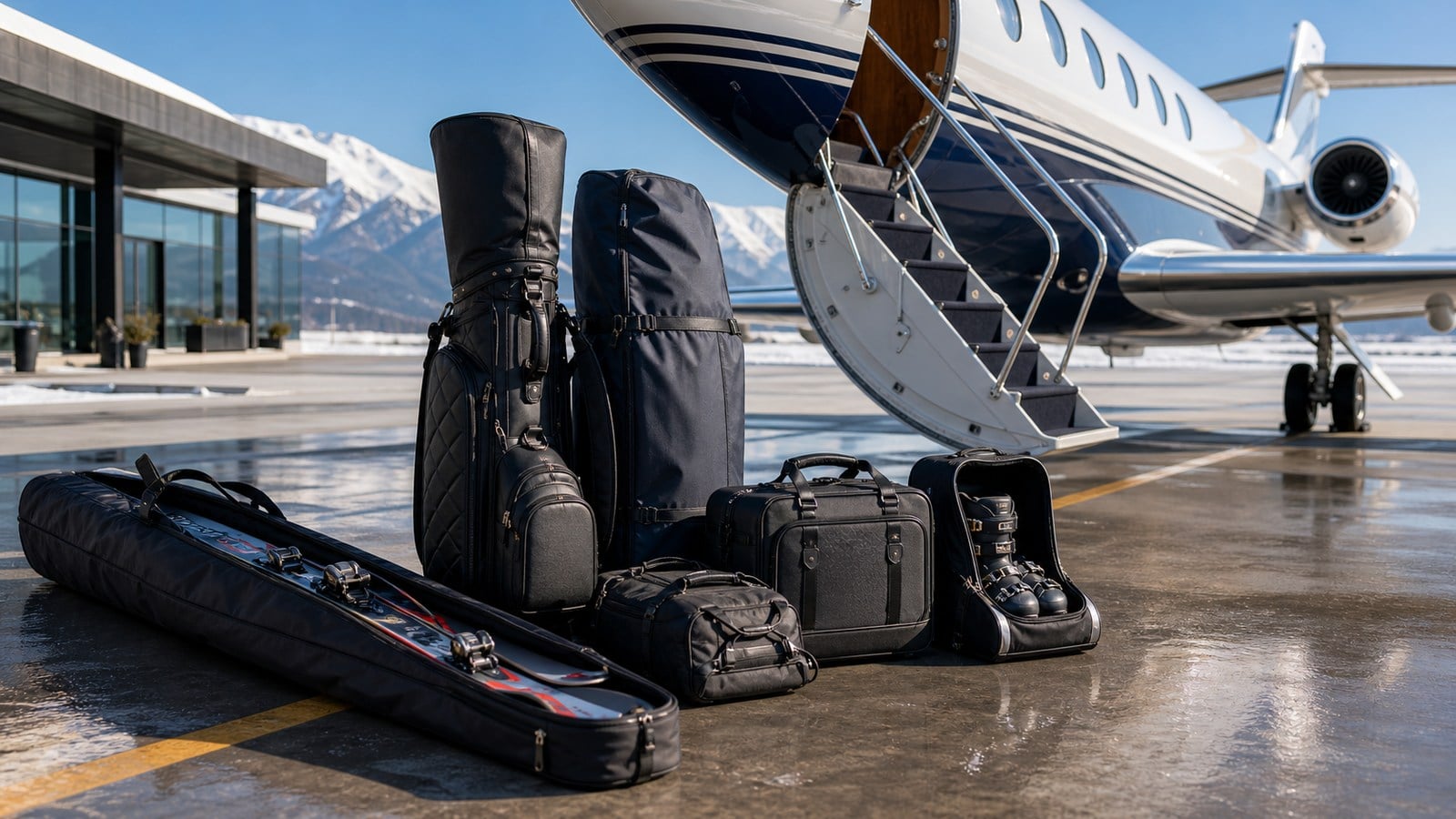 Golf bags ski roller and soft luggage positioned near a private jet for baggage fit review