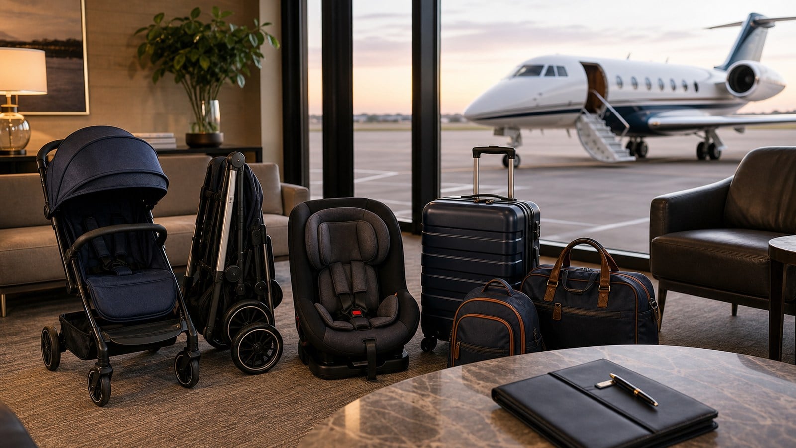 Private jet family baggage planning with stroller car seat hard suitcase and duffel bags in an FBO lounge