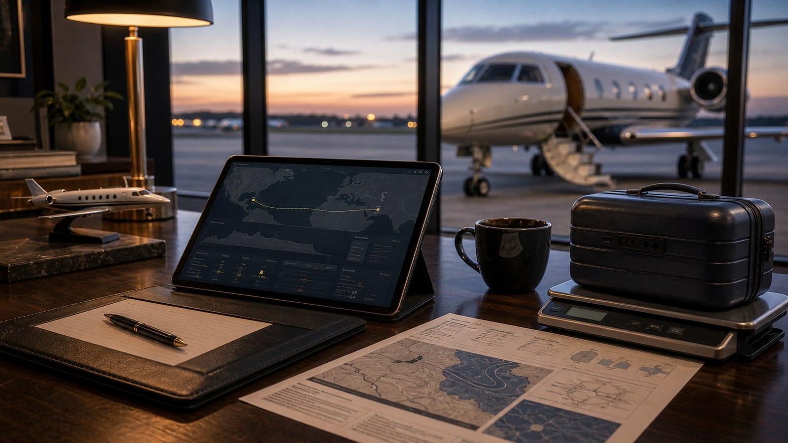 Private jet payload runway and baggage planning scene with route tablet and luggage scale