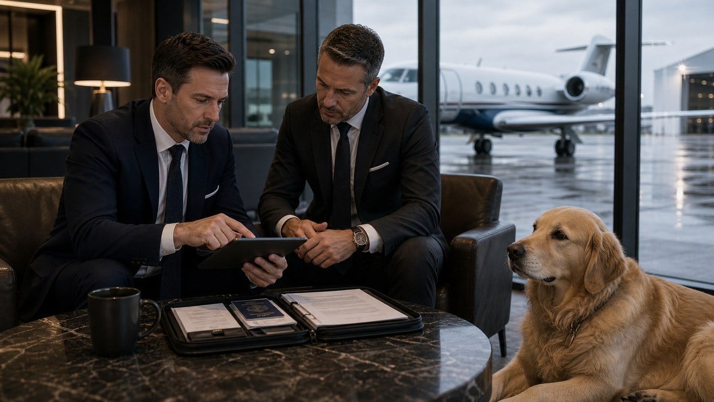 Business travelers planning international pet paperwork before a private jet charter