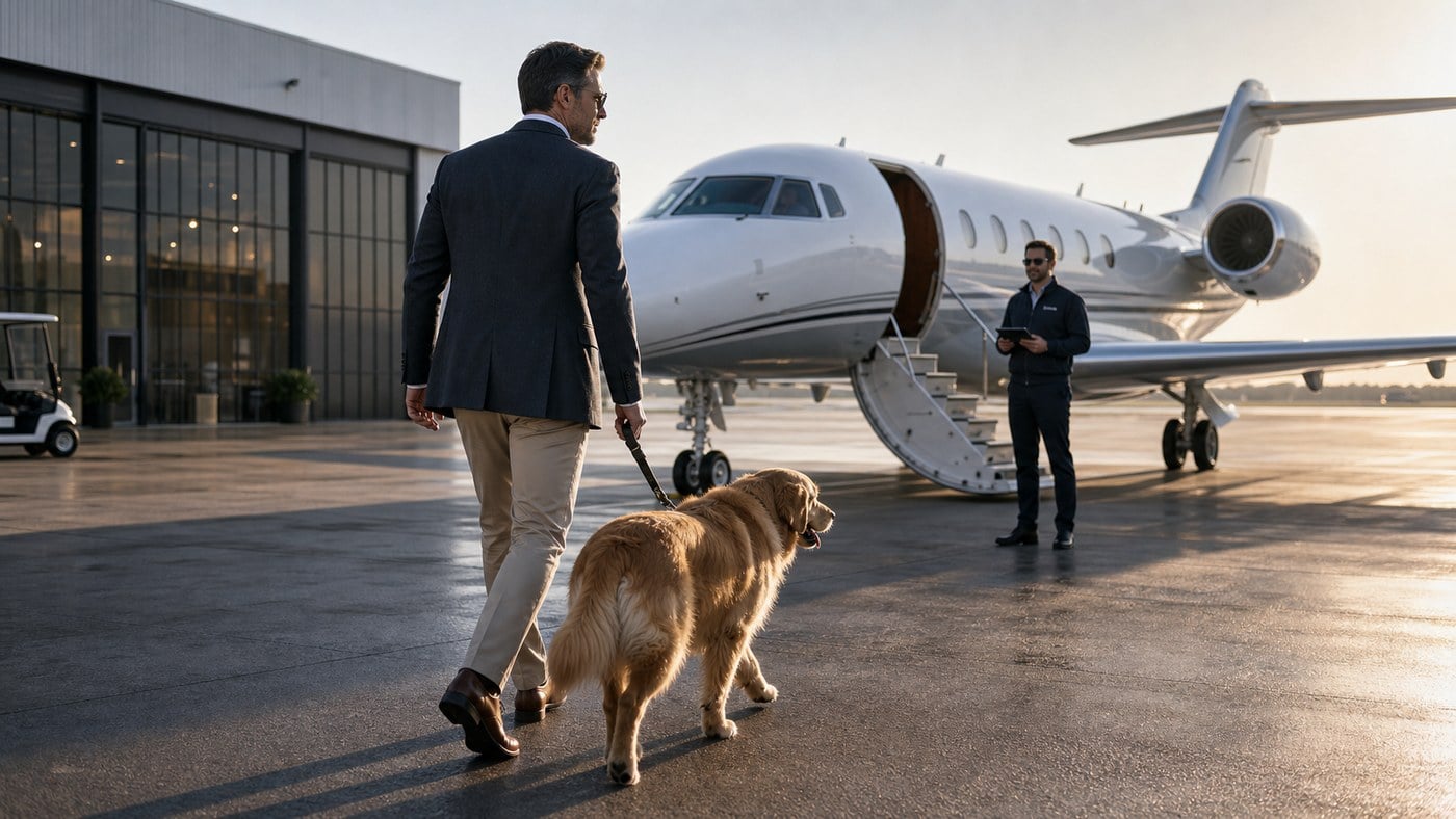 Businessman walking a dog toward a private jet at an FBO
