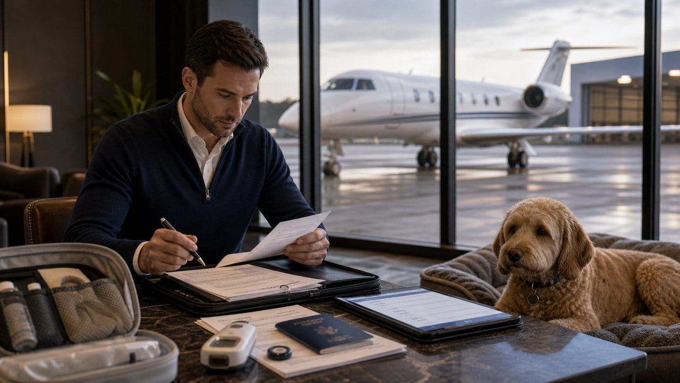 Executive assistant reviewing pet travel health certificates at a private aviation desk