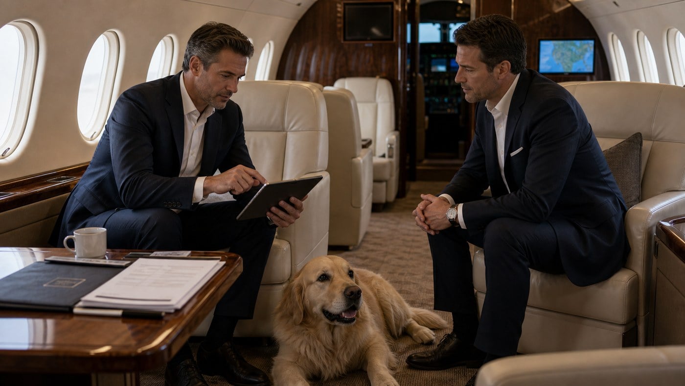 Business travelers seated inside a private jet cabin with a calm dog