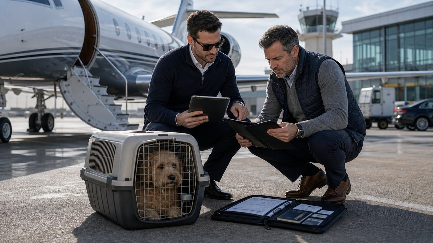 Private aviation coordinator checking dog carrier and documents beside a jet