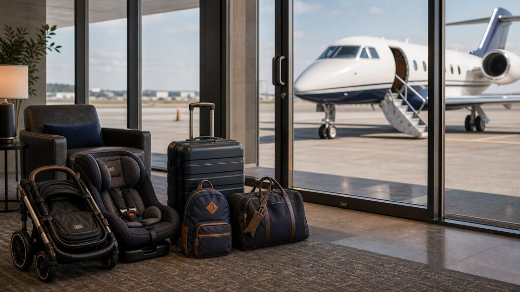 Family private jet charter planning items in an FBO lounge with aircraft outside