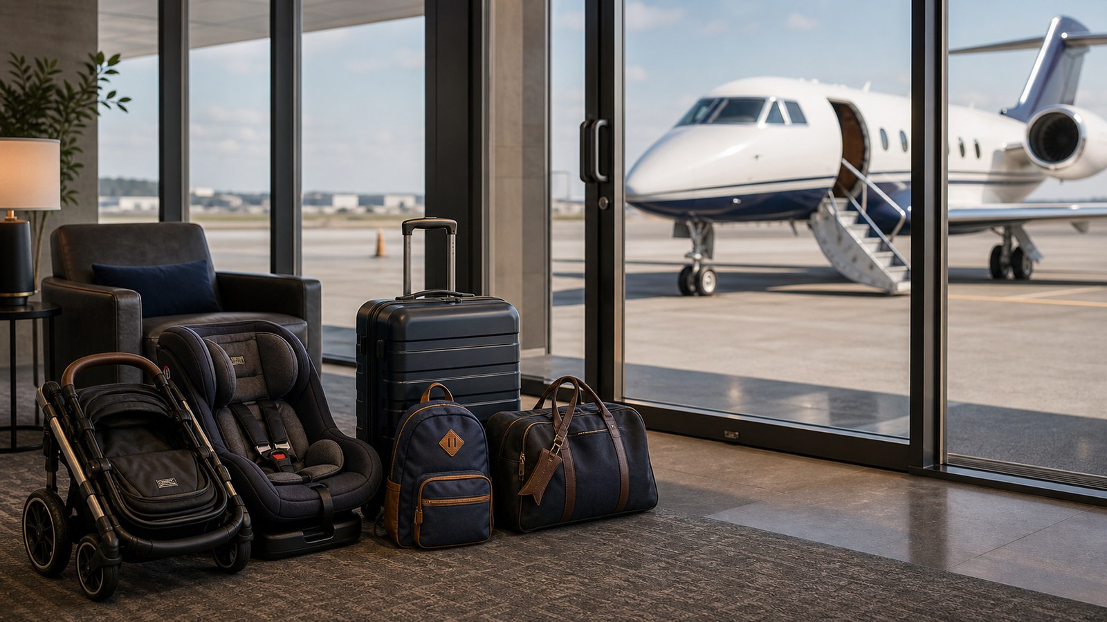 Family private jet charter planning items in an FBO lounge with aircraft outside