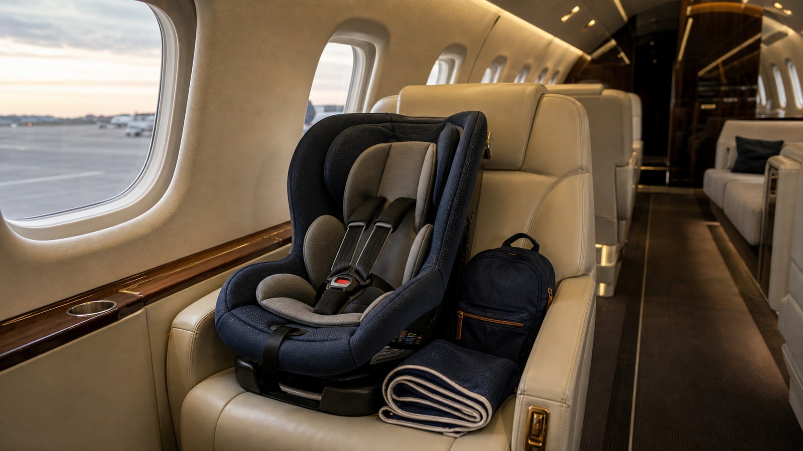 Aircraft approved child seat prepared inside a private jet cabin