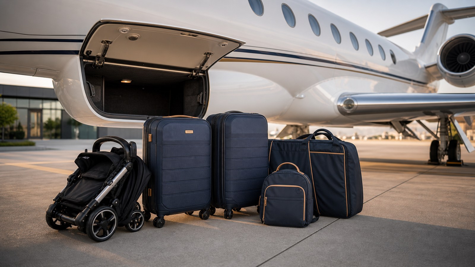 Family luggage stroller and travel gear staged beside a private jet baggage compartment