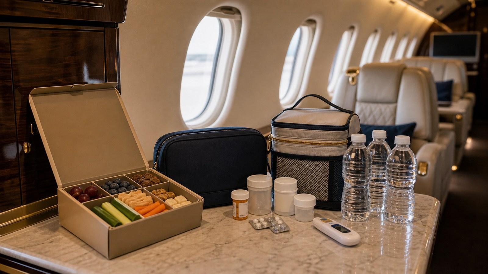 Private jet cabin catering and medical planning items for family travel
