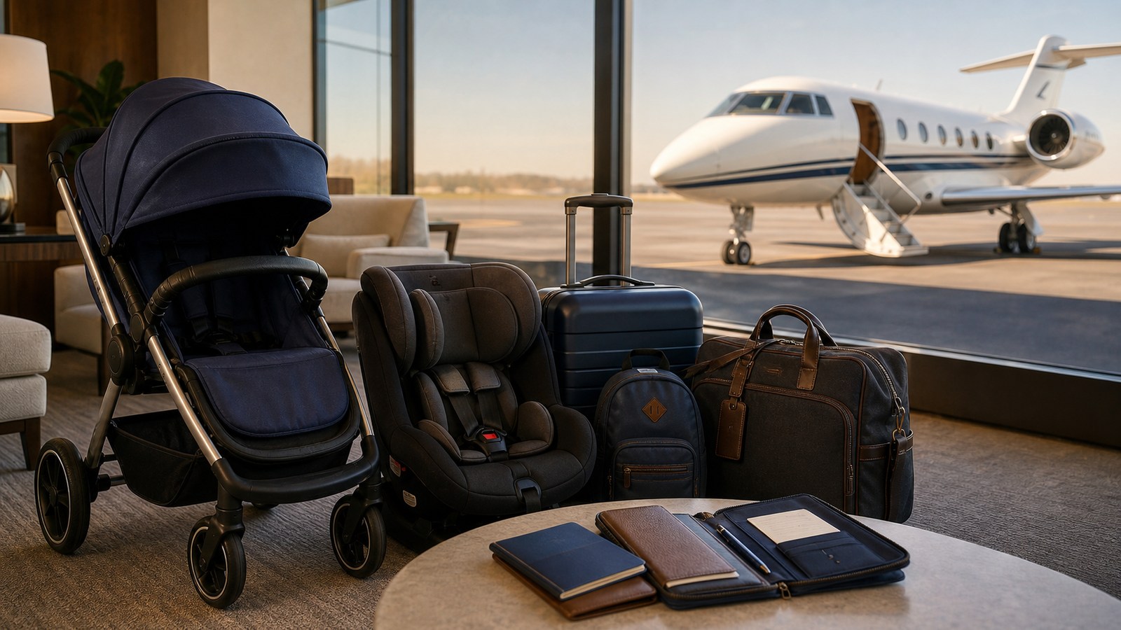 Family travel gear arranged at a private terminal before a charter flight