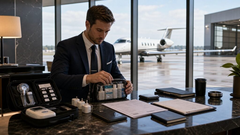 Male business travelers planning private jet charter with wheelchair, oxygen, or medical equipment, image 1