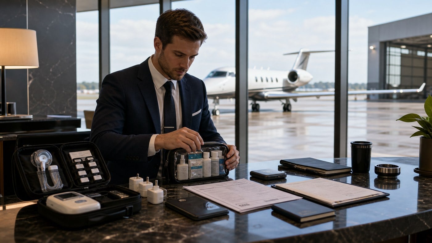 Male aviation coordinator preparing portable oxygen and medical equipment documents for private jet charter