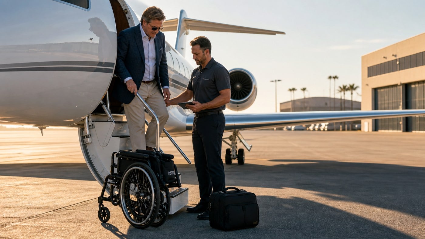 Male passenger and charter coordinator planning wheelchair access beside a private jet