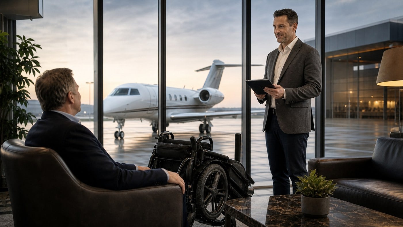 Male passenger with folded wheelchair and charter coordinator in private jet FBO lounge