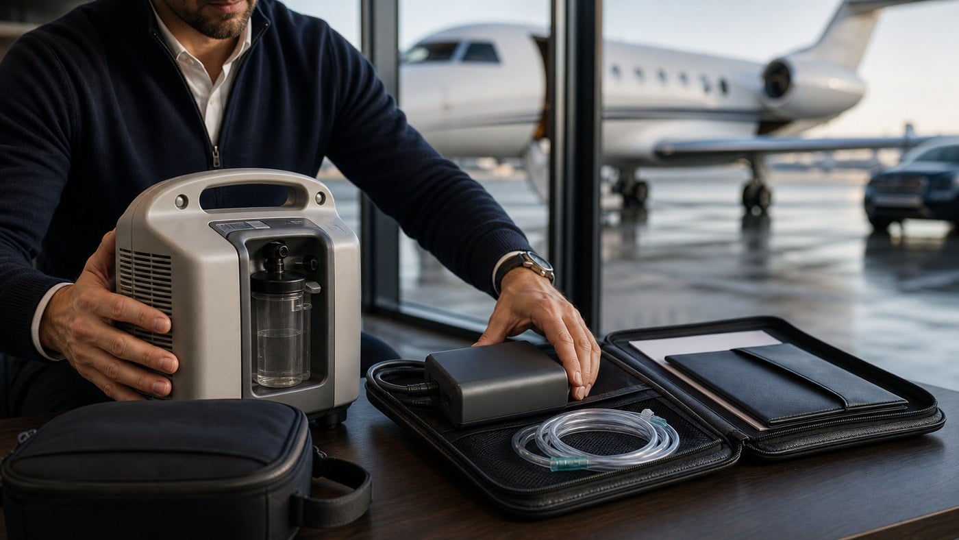 Male executive assistant organizing medication and medical device documents at an FBO
