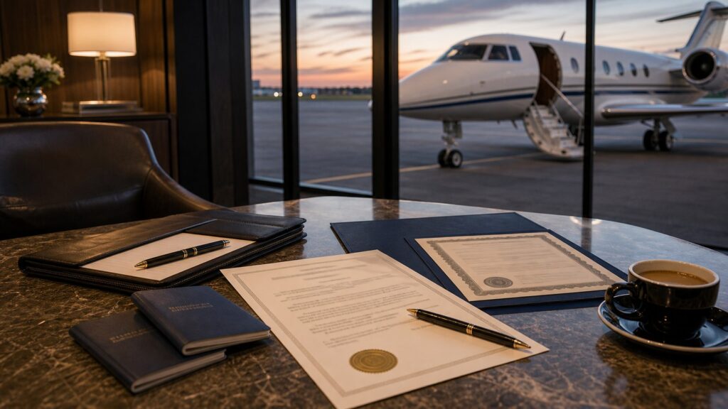 Private jet one parent travel planning with passports consent letter folder and aircraft outside an FBO