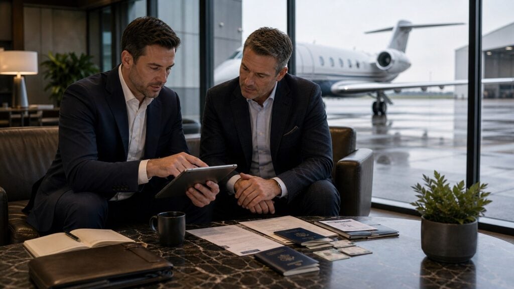 Private jet passenger manifest and booking change planning with business travelers at an FBO