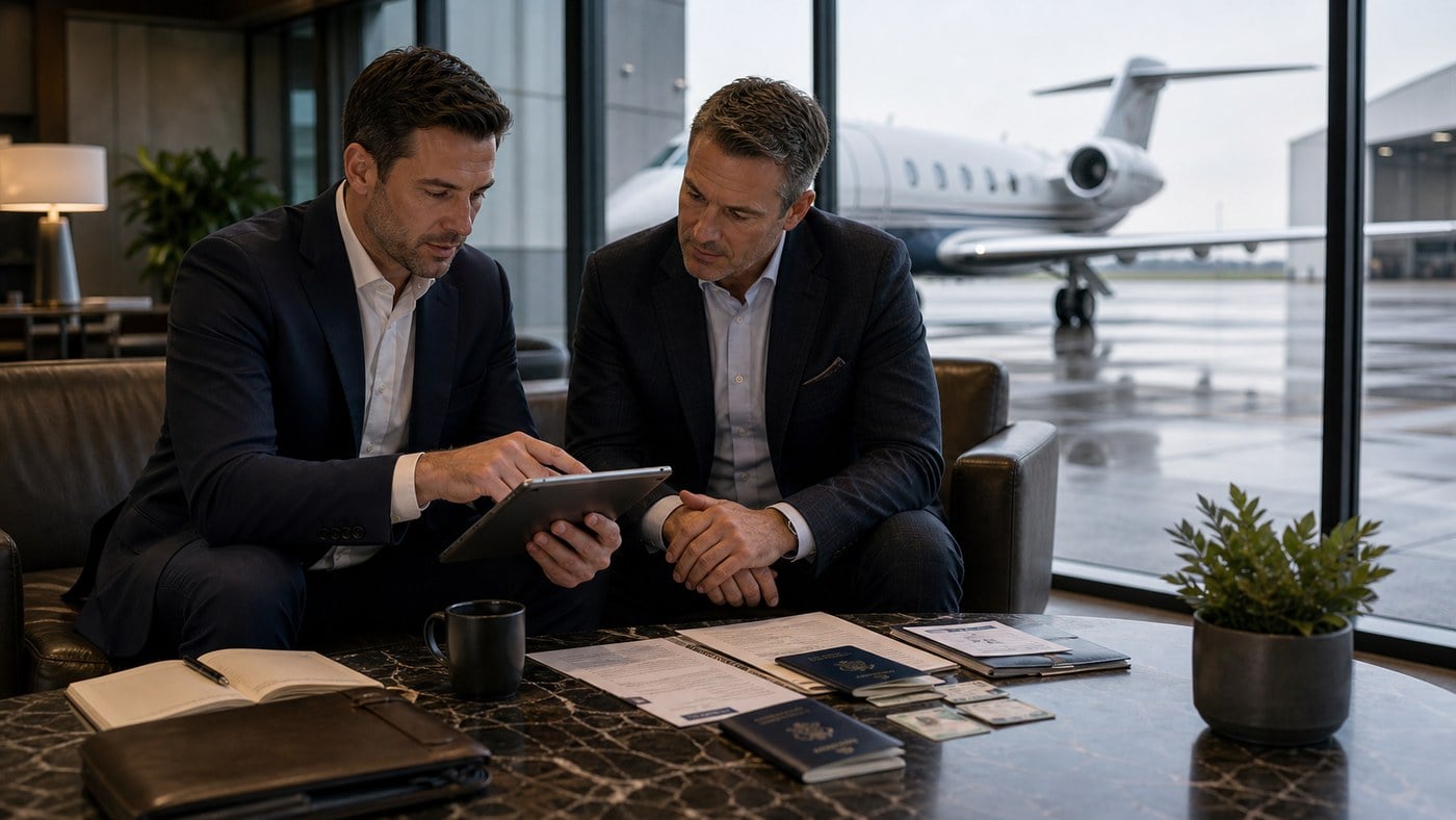 Business travelers reviewing a private jet passenger manifest before charter departure