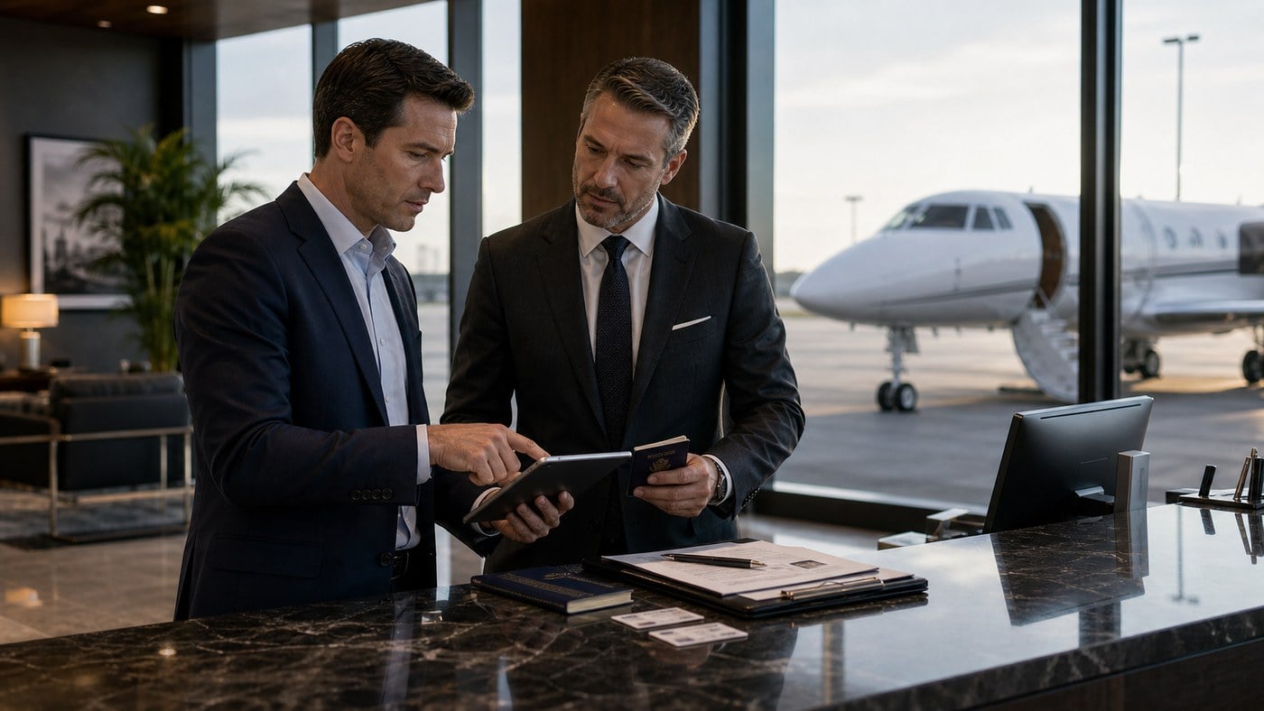 Executive assistant and coordinator checking passports for a private jet manifest