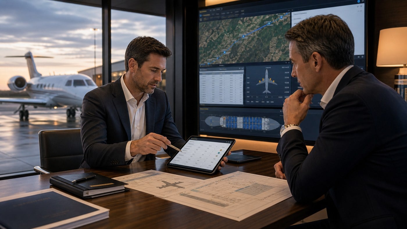 Private aviation advisors reviewing route, manifest, and aircraft loading before a charter