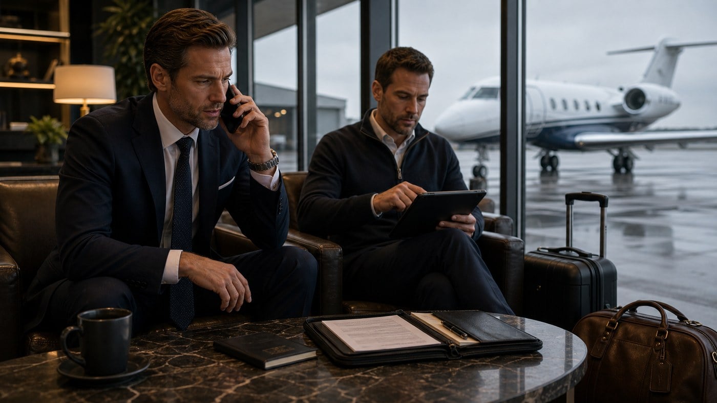 Private jet passenger list update with passports and baggage before departure