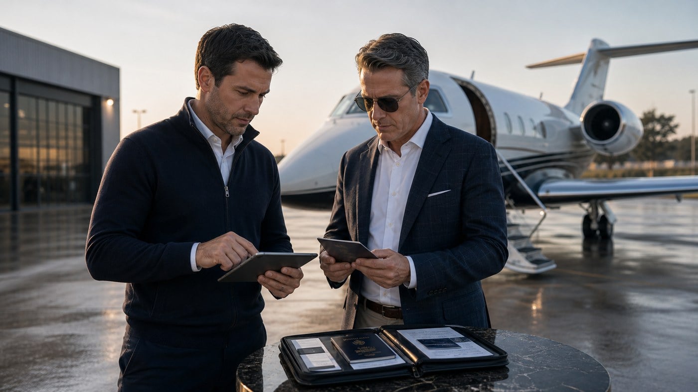 Business travelers confirming passports and passenger changes beside a private jet