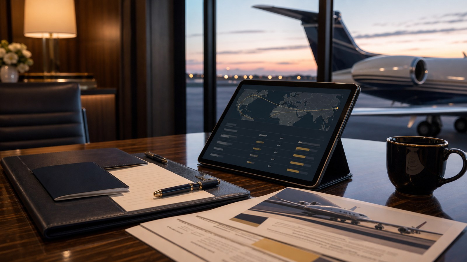 Private jet charter quote review with route planning materials in an FBO lounge