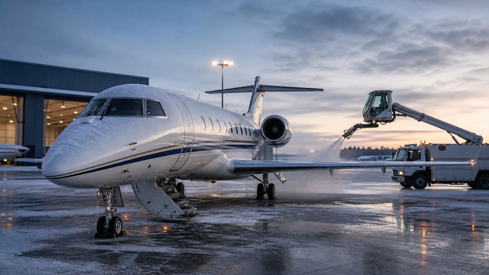 Private jet on a winter ramp with de-icing equipment as an operational cost variable