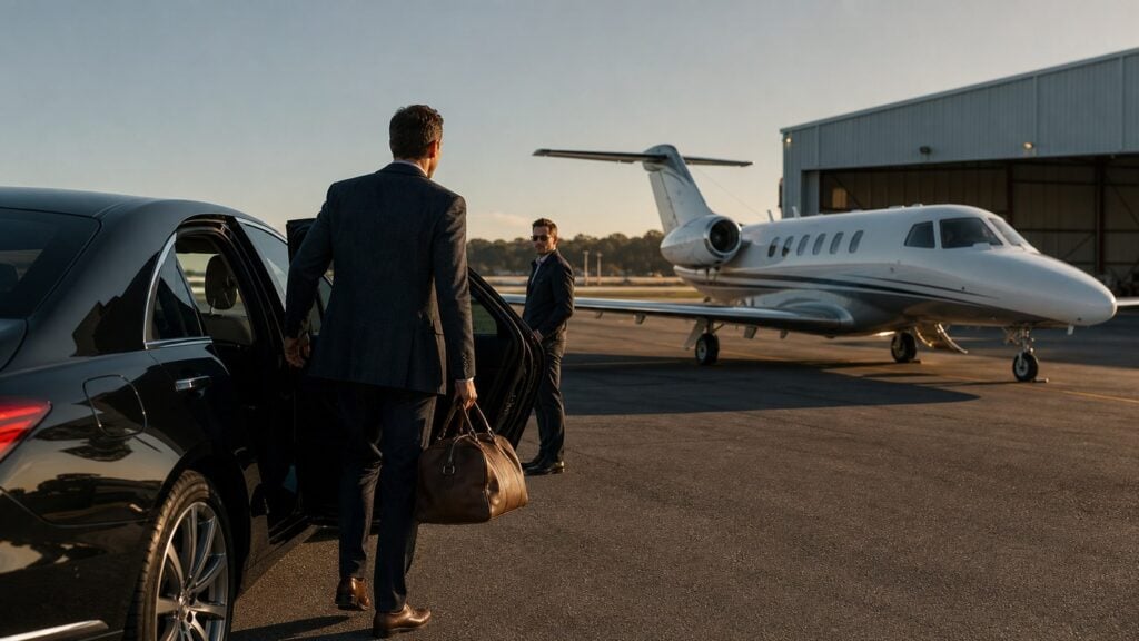Male business travelers planning a private jet charter from a smaller airport, image 1