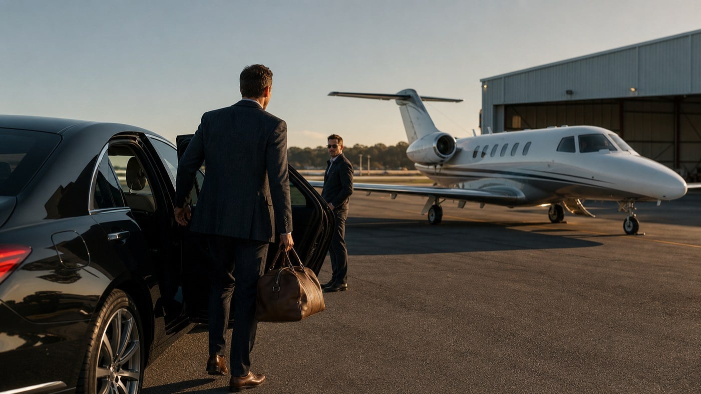 Male executive arriving at a smaller airport FBO for a private jet charter