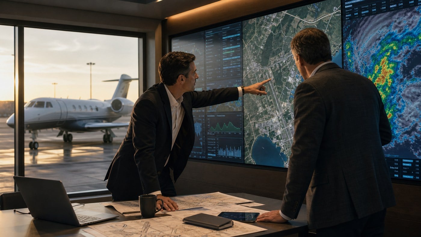 Two male aviation planners checking weather and smaller airport suitability