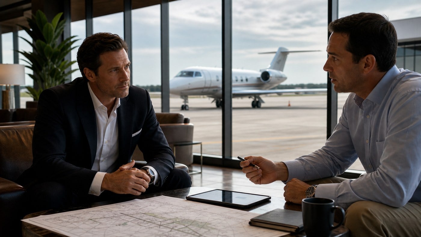 Business men comparing private jet airport options in an FBO lounge