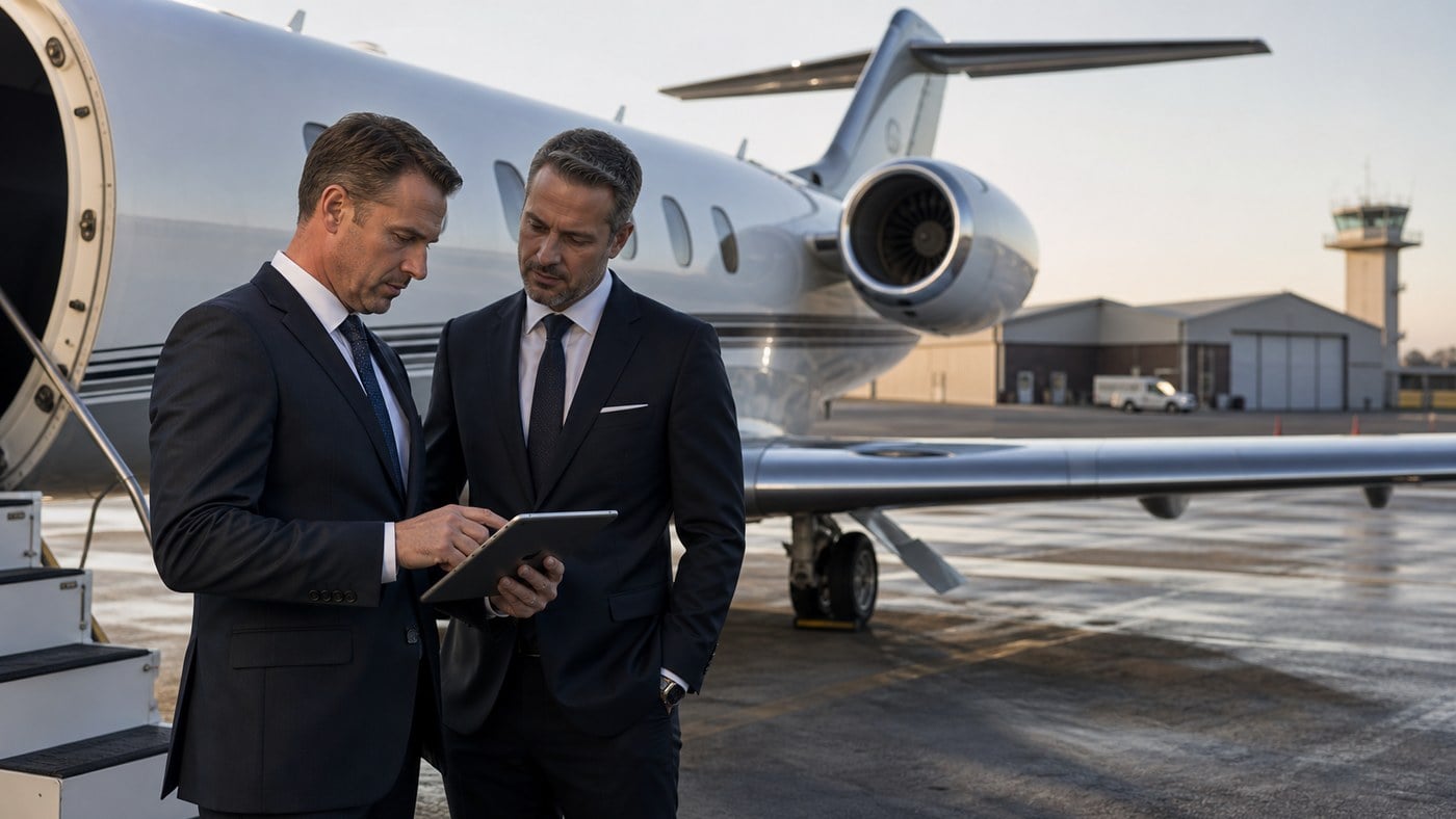 Two male business aviation professionals reviewing private jet airport suitability beside aircraft