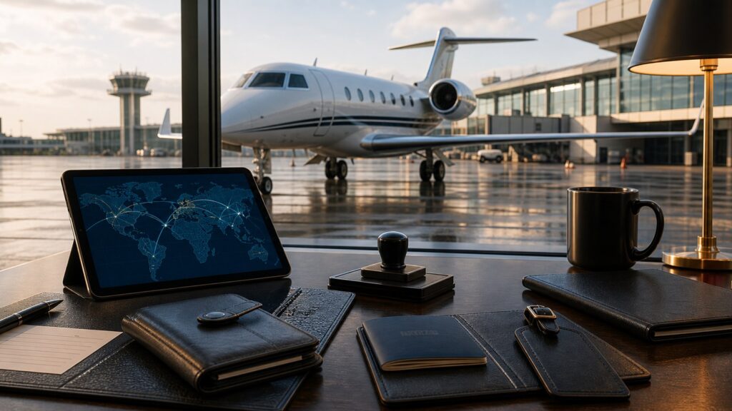 Two private jets at an FBO with aircraft substitution comparison tablet