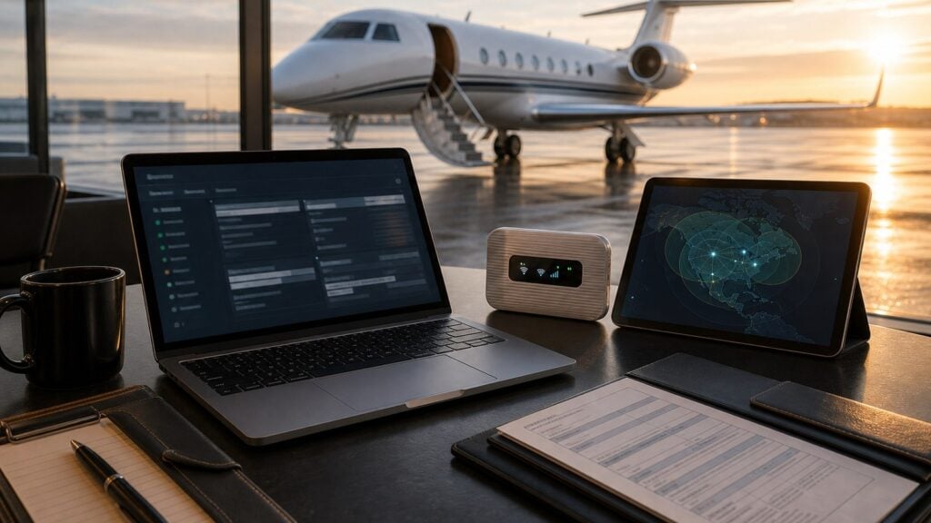 Private jet cabin office with laptop tablet signal icons and clouds outside