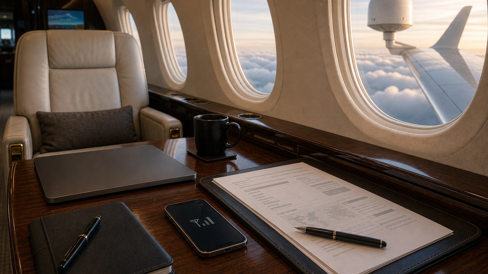 Private jet Wi-Fi contingency planning with offline briefing pages and cabin window view