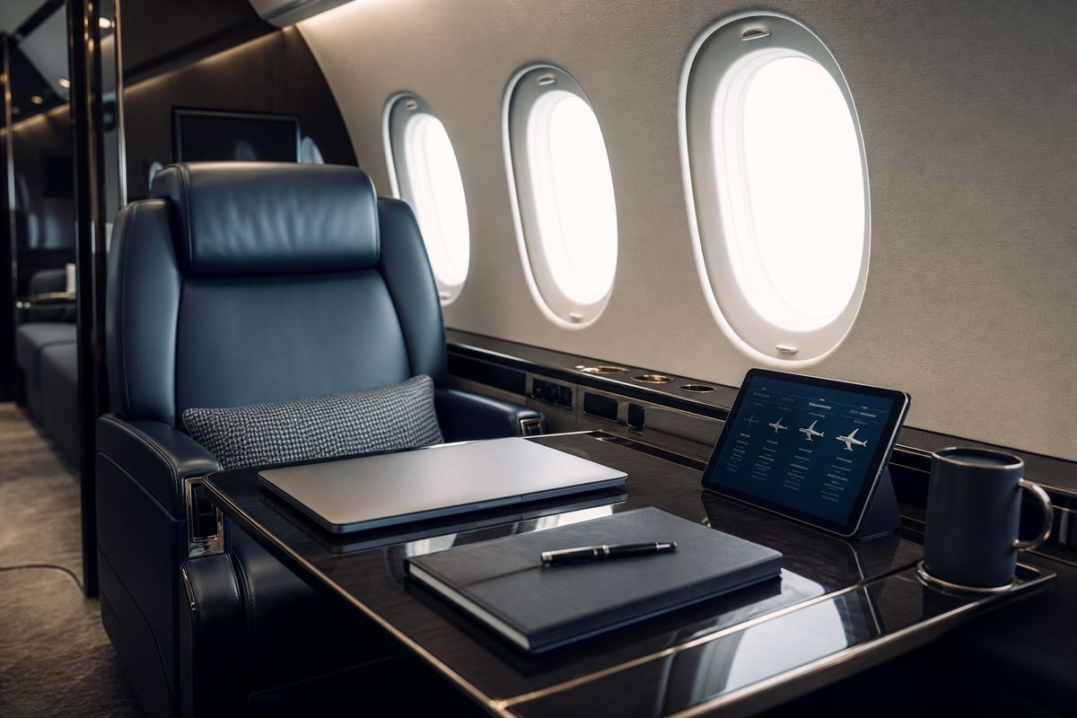 Private jet cabin arranged for productive executive travel