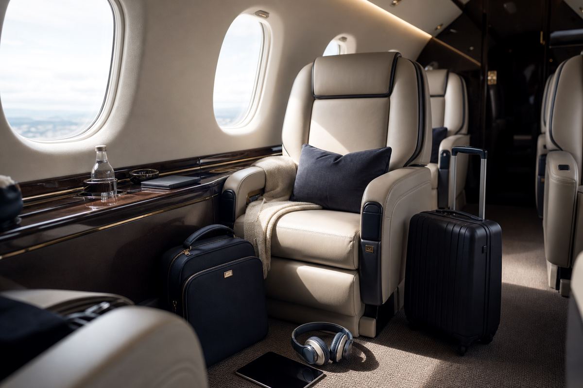 Private jet cabin prepared for family comfort