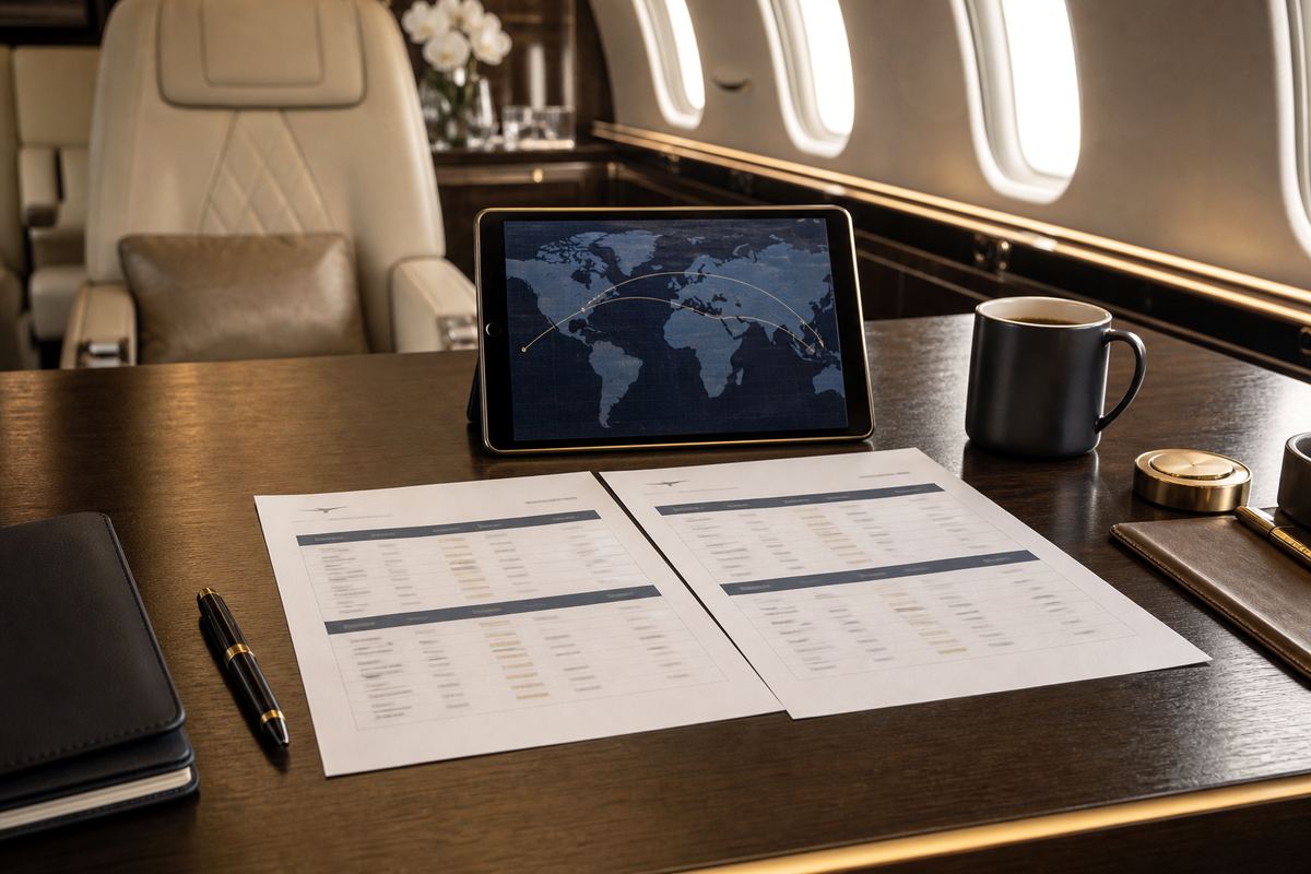 Private jet route quote comparison in an executive setting