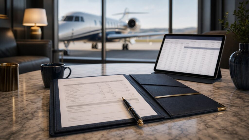 Private jet charter cost per hour: premium quote review scene at a private terminal (desktop)